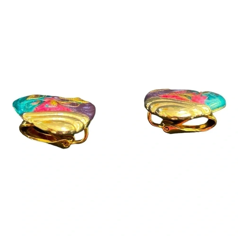 VTG 80’s Multi Colored Modernist gold tone Chunky Retro Clip on Earrings 1